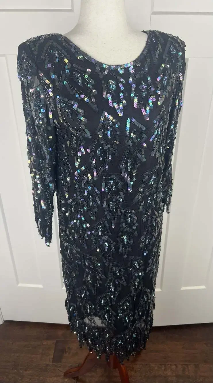 Vintage Carina Silk Sequin Dress M Iridescent Beaded Lace Sheath Cocktail Formal